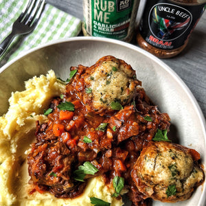 Slow Cooked Beef Shin with Fluffy Garlic & Herb Dumplings