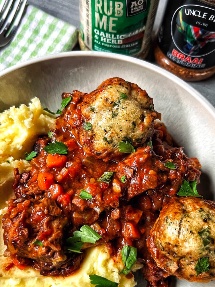 Slow Cooked Beef Shin with Fluffy Garlic & Herb Dumplings