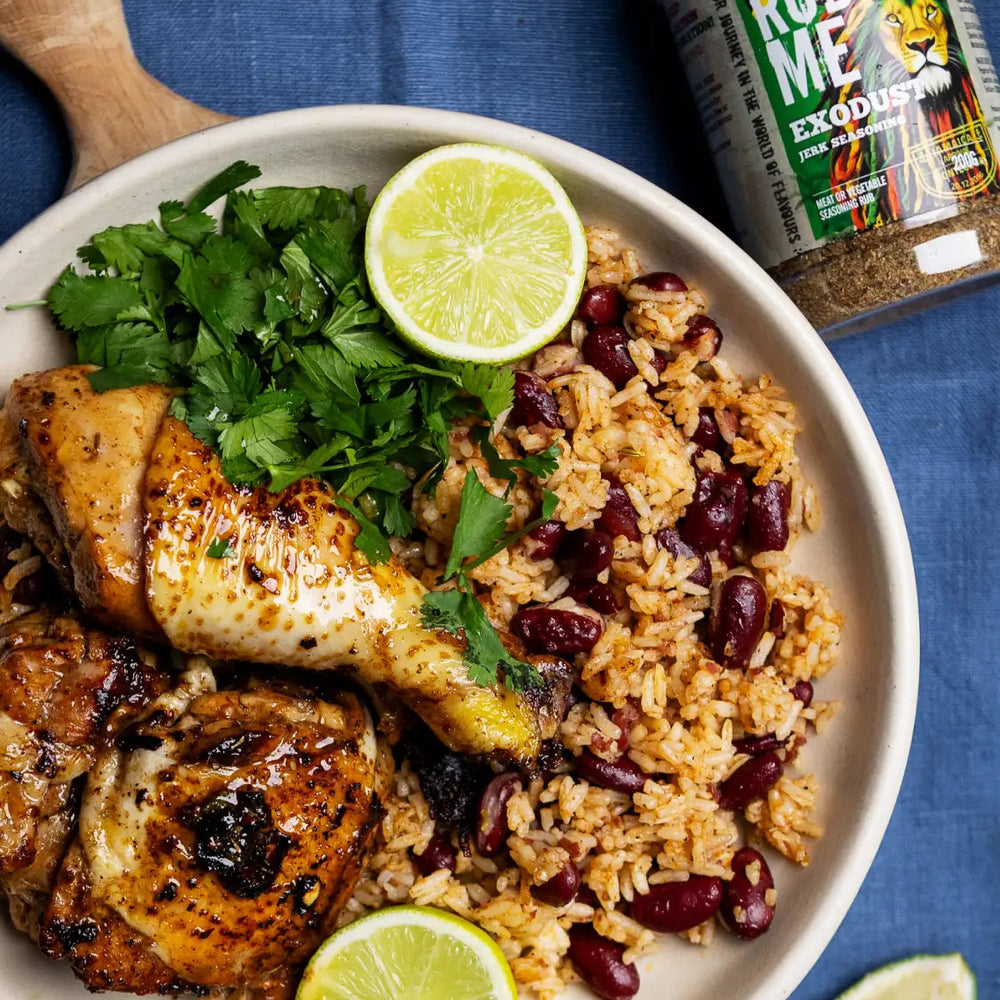 jerk chicken rice and beans made using Angus & oink exodust jerk seaosning.