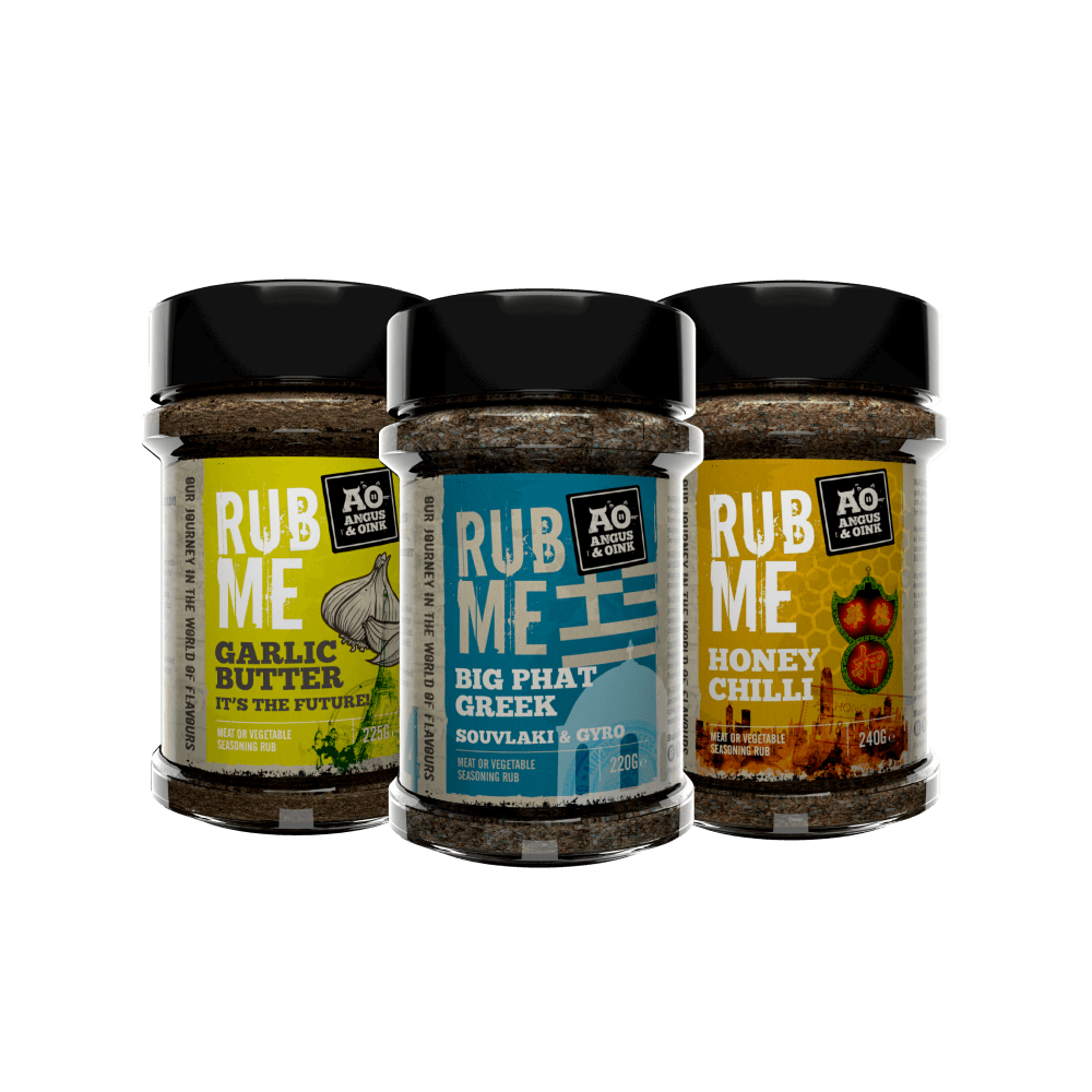 A collection of Garlic Butter, Big Phat Greek and Honey Chilli seasoning.