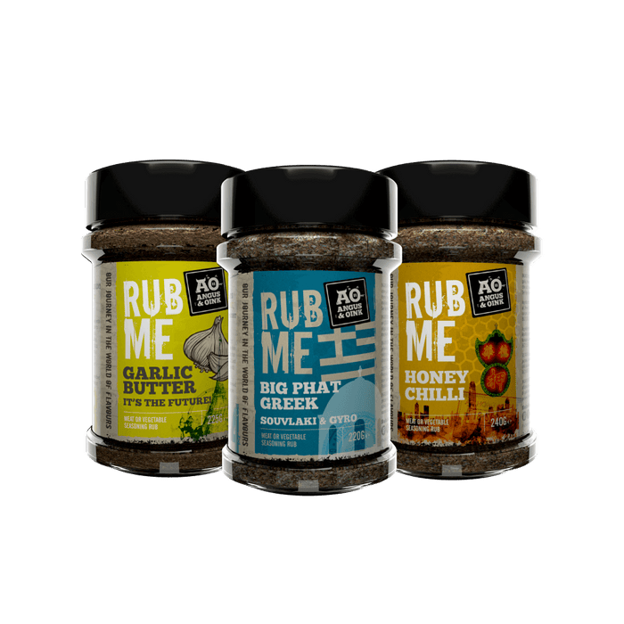 A collection of Garlic Butter, Big Phat Greek and Honey Chilli seasoning.