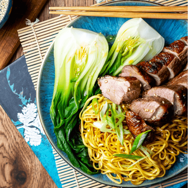 duck with chilli oil and noodles, using angus & oink char siu seasoning