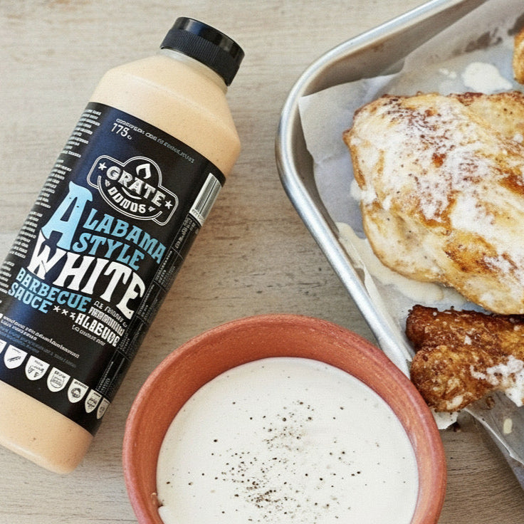 Baked chicken wings with a bottle of Grate Goods Alabama White barbecue sauce on a wooden surface.