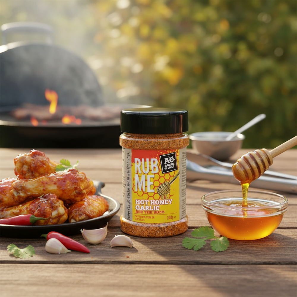 Jar of hot honey garlic seasoning on a wooden table with honey being drizzled, surrounded by grilled wings and herbs.