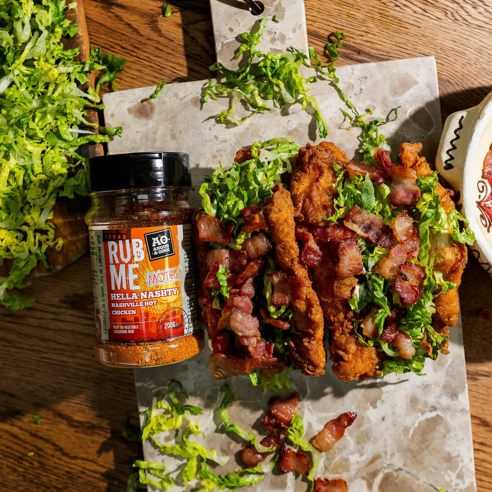 fried chicken tacos seasoned with angus & oink nashville hot seasoning
