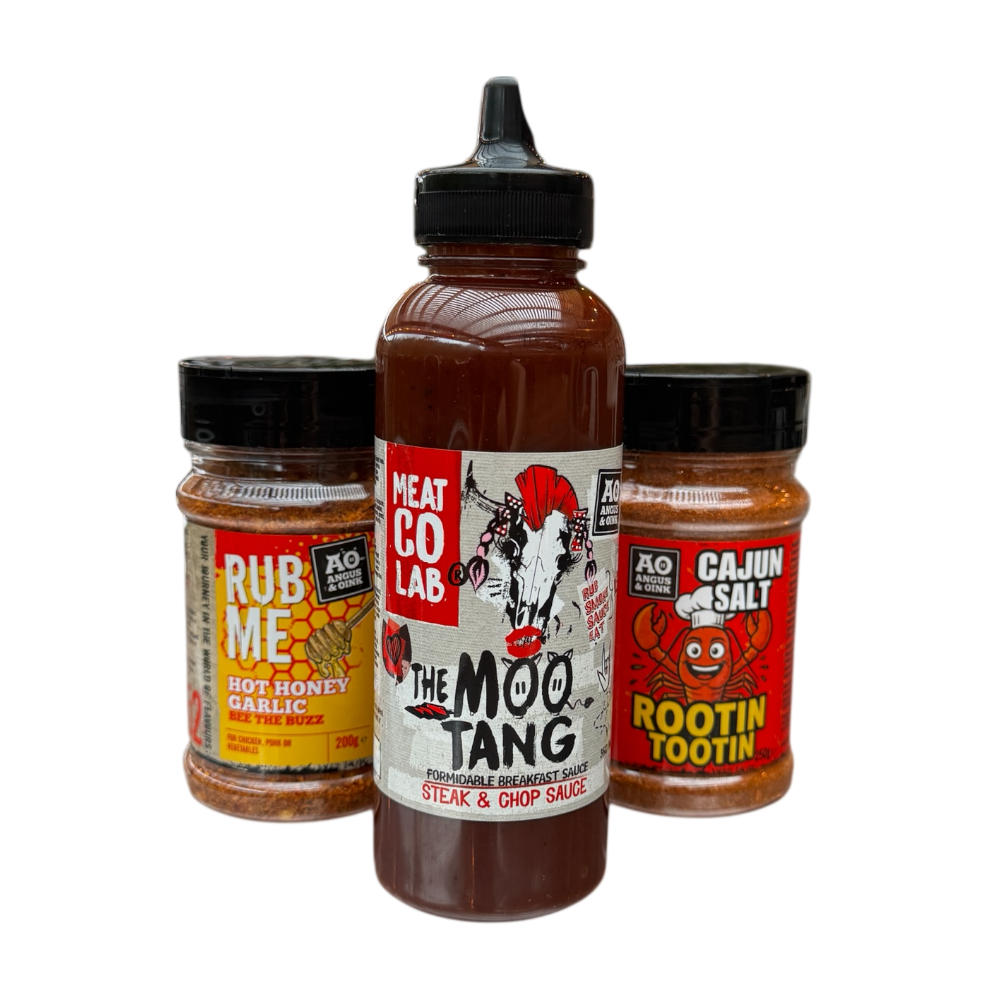A collection of the 3 new releases, Hot Honey, Cajun Salt and Moo tang sauce.