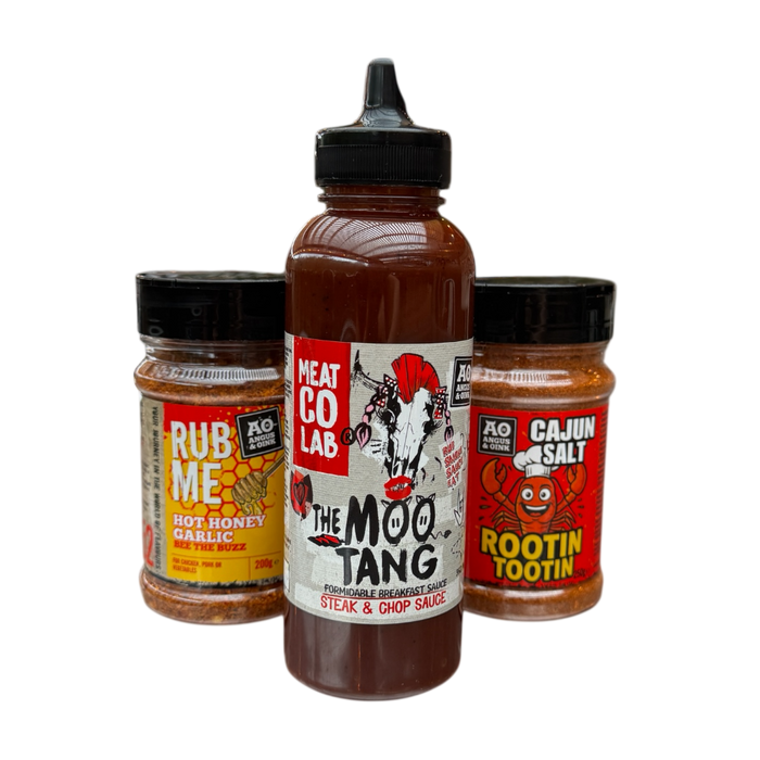 A collection of the 3 new releases, Hot Honey, Cajun Salt and Moo tang sauce.