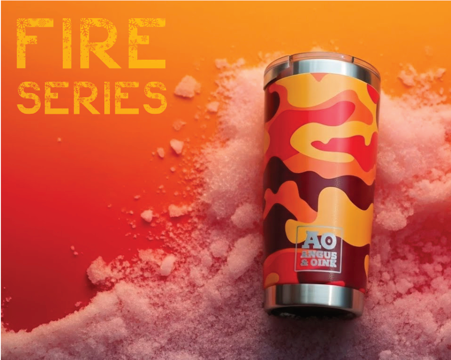 Tumbler with flame design on an orange background, featuring 'AO Angus & Oink' branding.
