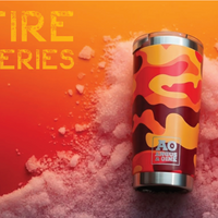 Tumbler with flame design on an orange background, featuring 'AO Angus & Oink' branding.
